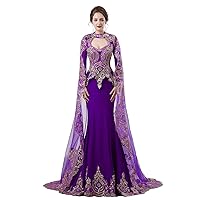 Women's Vintage Satin Long Sleeves Evening Dress with Veil Lace Appliques Beaded Mermaid Formal Prom Gowns Purple