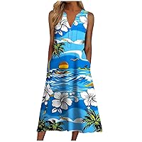 Maxi Dress for Women Summer Floral Print Sundresses Elegant Button V Neck Party Dress Casual Sleeveless Beach Dress