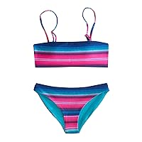 Chance Loves Girls Two Piece Blue Pink Striped Swimsuit for Tween and Teen Bandeau Style Bikini