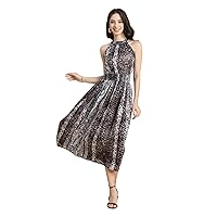 Women’s Printed Smocked Dress, Halter Neck Sleeveless Midi Gown