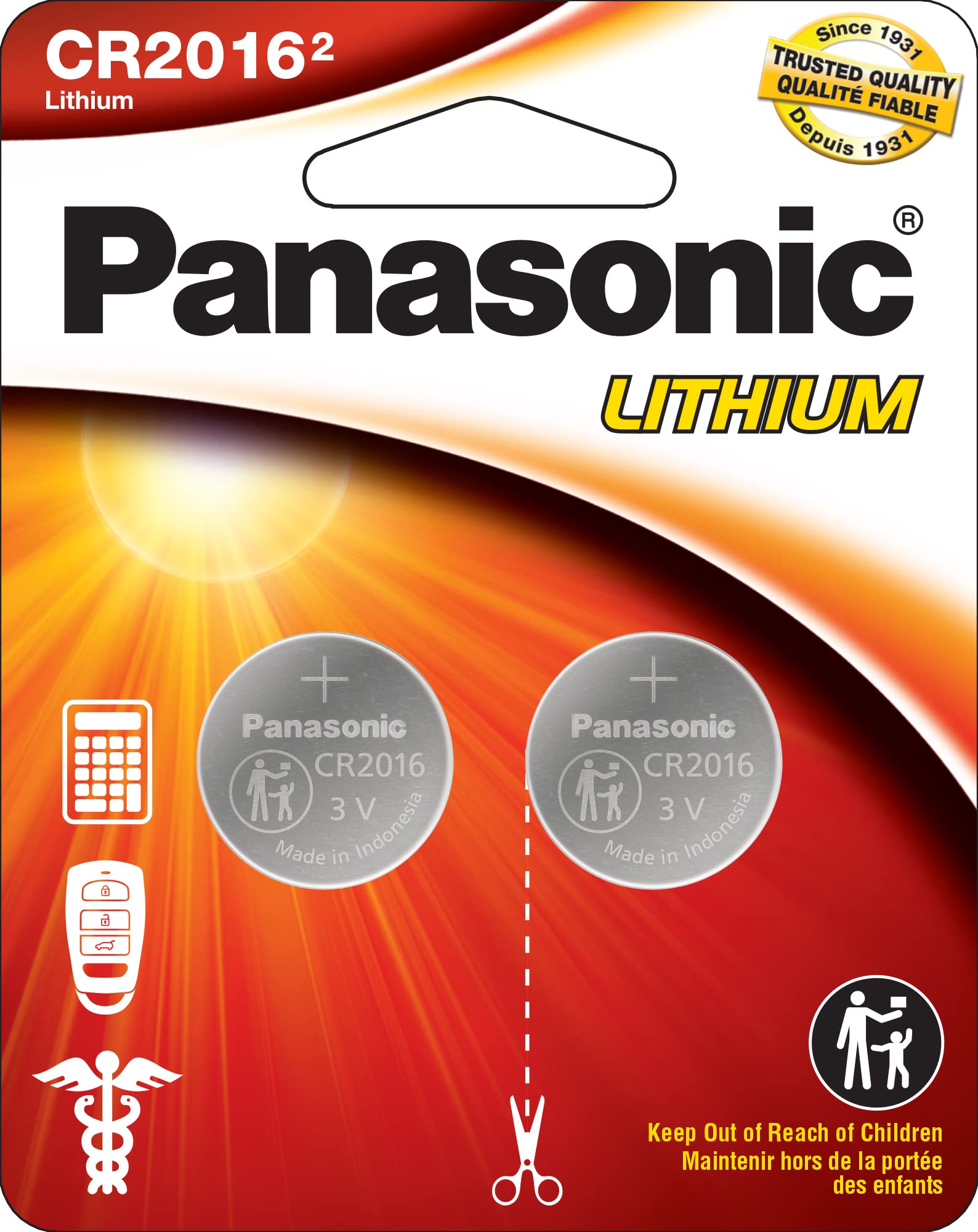 Panasonic CR2016 3.0 Volt Long Lasting Lithium Coin Cell Batteries in Child Resistant, Standards Based Packaging, 2-Battery Pack