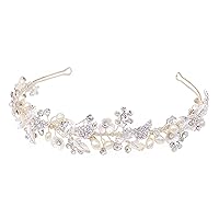 Rhinestone Bridal Headband With Pearls Handmade Crystal Wedding Headpieces for Brides Wedding Hair Accessories for Bridesmaid Flower Girl (Silver)