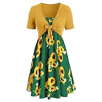 Long Sleeve Dress,Beach Dresses for Women Two Piece Outfits Fashion Bowknot Bandage Top Sunflower Plus Size Tu