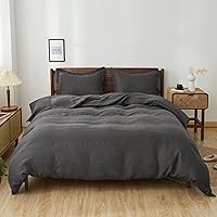 Simple&Opulence 100% Linen Duvet Cover Set with Washed-French Flax-3 Pieces Solid Color Basic Style Bedding Set + 100% Belgian Linen Pillow Shams -Set of 2 (King, Dark Grey)