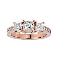 Certified 14K 3 pcs Princess Cut Moissanite Diamond (2.04 Carat) Ring in 4 Prong Setting, 10 pcs Natural Round Cut Diamond (0.15 Carat) With White/Yellow/Rose Gold Engagement Ring For Women, Girl