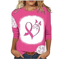 Breast Cancer Bleached T Shirt for Women 3/4 Sleeve Pink Ribbon Plus Size Tops Cancer Awareness Crew Neck Tunic Blouse