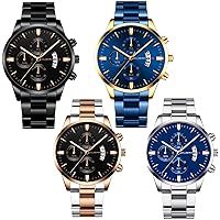 4 Pack Men's Watches Luxury Casual Dress Business Waterproof Military Quartz Wristwatches for Men Stainless Steel Band Gold Black Blue Silver Wholesales Set Assorted