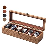 Watch Box, Watch Case for Men Women with Large Glass Lid, Wooden Watch Display Storage Box with 6 - Slots, Retro Burlywood Mens Watch Box Organizer for Gift