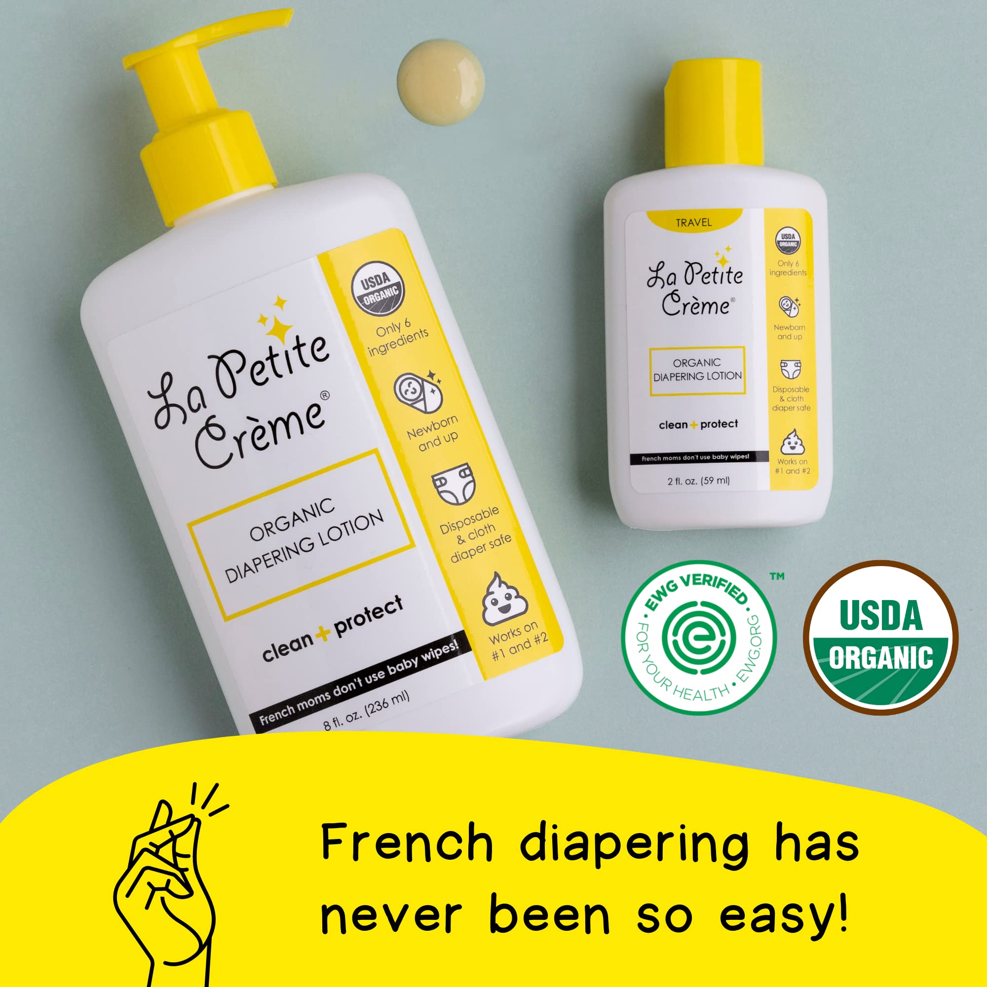 La Petite Creme French All-Natural Diapering Lotion - Diaper Cream Alternative to Baby Wipes - Gentle Moisturizer & Skin Cleanser with USDA Certified Organic Ingredients - Baby Essentials (8 oz)