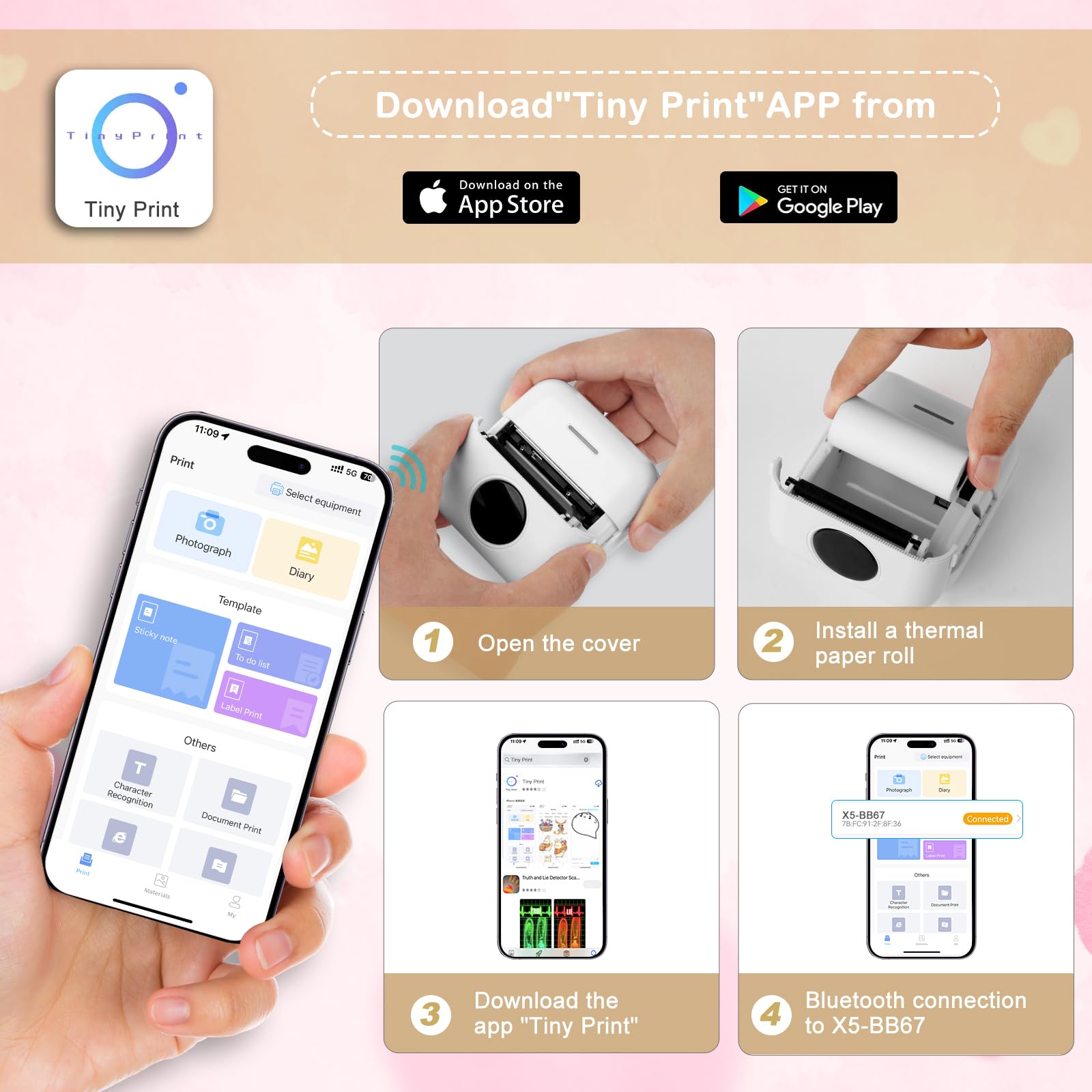 ST-CARE Mini Pocket Bluetooth Printer-Portable Thermal Printer with 5 Roll Papers for Journal/DIY Scrapbook/Travel/Notes/Lists/Label/Memo, Receipt Printer for Children Women Gifts with iOS&Android