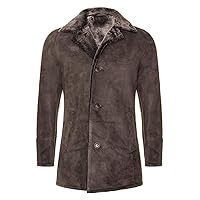 Men's Brown Sheepskin Real Shearling Classic Suede Leather Pea Coat