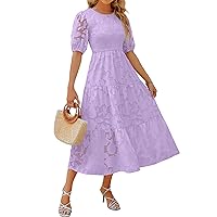ZESICA Women's 2024 Summer Short Puff Sleeve Crewneck Smocked Floral Lace Flowy A Line Tiered Maxi Dresses