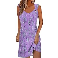 Petite Summer Dresses for Women, Spring Strap Sleeveless Mini Dress Boho Crewneck A Line Pleated Swing Basic Short Dress Cotton Women Beach Dress Ruffle Sleeve Dresses Casual (XL, Purple)