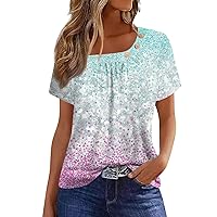 Ladies Tops and Blouses Sequin Tops for Women Striped Pattern Casual Button Splice Trendy Loose with Short Sleeve Round Neck Ruched Shirts Light Blue Small