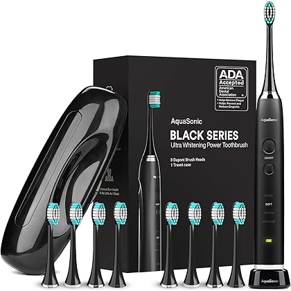 Aquasonic Black Series Ultra Whitening Toothbrush – ADA Accepted Power Toothbrush - 8 Brush Heads & Travel Case – 40,000 VPM Electric Motor & Wireless Charging - 4 Modes w Smart Timer