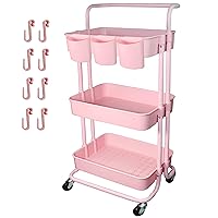 3 Tier Utility Rolling Cart Multifunction Organizer Shelf Storage Cart with 3 Pieces Cups and 8 Pieces Hooks for Home Kitchen Bathroom Laundry Room Office Store etc. (Pink)