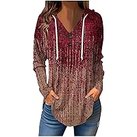 Hoodies for Women Geometric Paisley Floral Prints Long Sleeves Pullover Button V Neck Casual Plus Size Tops