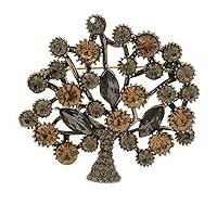 Vintage Inspired Grey/Citrine Crystal Tree Brooch In Aged Gold Tone Metal - 55mm Tall