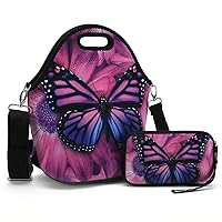 Insulated Neoprene Lunch Bag-Removable Shoulder Strap-X Large Size Reusable Thermal Thick Lunch Tote/Lunch Box/Cooler Bag With Wallet Pouch For Women,Teens,Girls,Kids,Baby,Adults (Purple Butterfly)