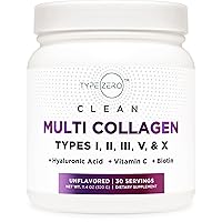 Type Zero Multi Collagen Powder 30 Servings (Unflavored) - Types I, II, III, V, & X Collagen Peptides + Hyaluronic Acid, VIT C, Biotin