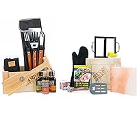Man Crates Backyard Steakhouse & Everest Grill Crate - 3-Piece Grilling Tool Set, Black Denim Grilling Apron, Steak Sauce & Rub - Himalayan Salt Block, Skewers, Thermometers, Grilling Glove, and More