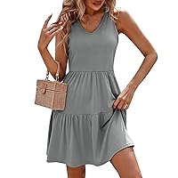 Women's Summer Fashion Casual V Neck Pleated Sleeveless Tank Dresses for Women 2024, S XXL