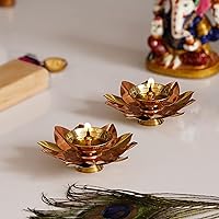 Set of 2 Golden Lotus Floral Decorative Metal Diyas for Home Mandir, Temple, Office Decoration - Gift for Diwali, Navratri, Ganesh Chaturthi