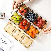 Living Room Multi Division 6-grids Fruit Plate+Iron frame/Set, Dried Fruit nut Bowl Snack Dessert Candy Service Tray Platter Storage Box with lid (brown, 6-grids)