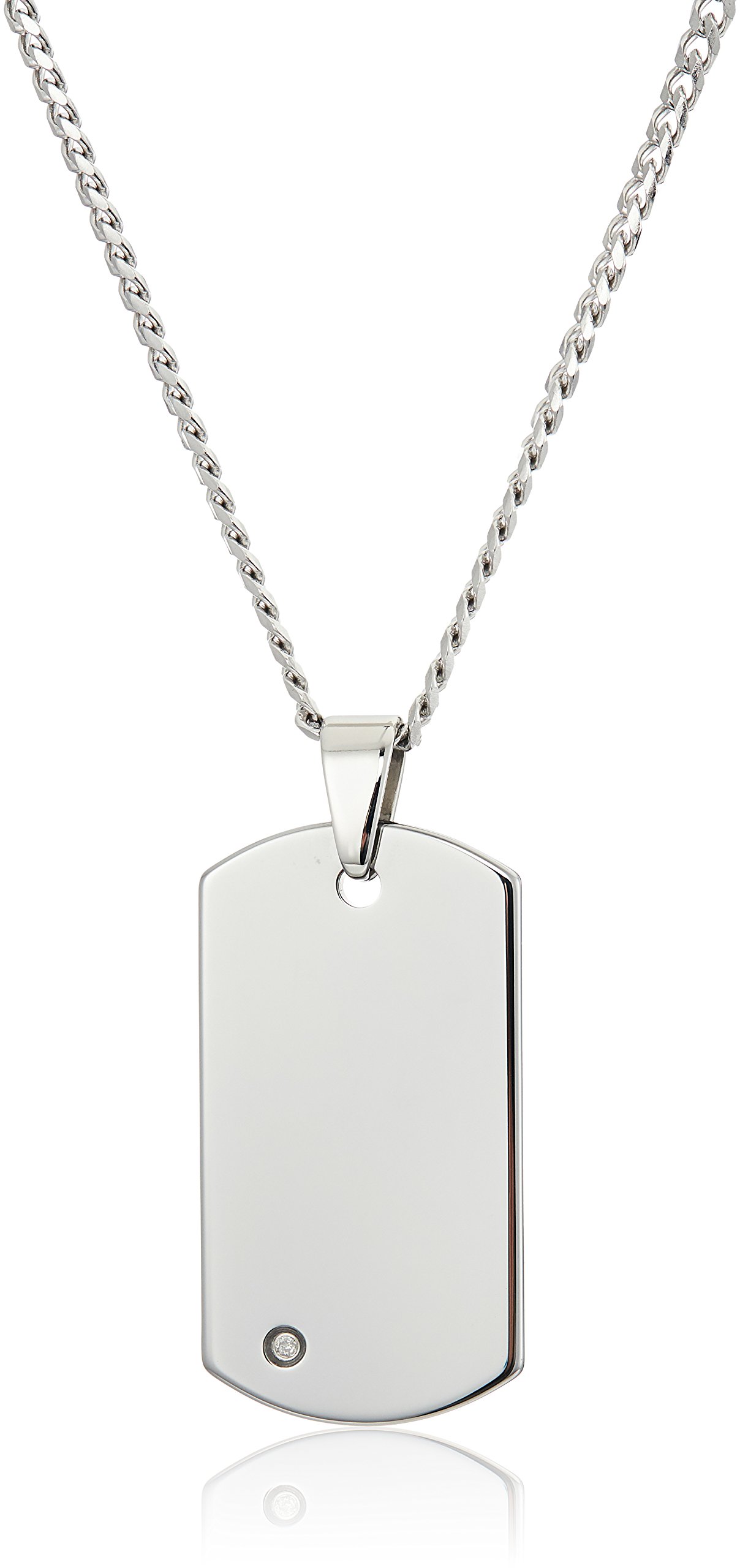 Crucible Jewelry Mens Tungsten Carbide Diamond Dog Tag Curb Chain Pendant Necklace, 24-Inch, White