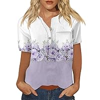 Tops for Women V Neck Button Down Boho Floral Printed Short Sleeve T Shirts with Pocket Oversized Holiday Top