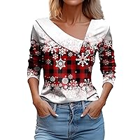 Christmas Long Sleeve T Shirts for Women Cute Asymmetric Lapel Button Shirts Soft Loose Fit Teen Girl Tops