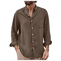 Men's Solid Color Retro Long-Sleeve Linen Shirt Loose Casual Full Sleeve Button Oversized Blouse Top for Spring and Fall Coffee