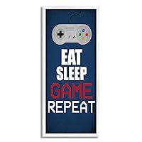 Stupell Industries Eat Sleep Game Repeat Pixel Typography Vintage Controller, Designed by Kim Allen White Framed Wall Art, 10 x 24, Blue