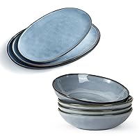 famiware Oval Serving Platter+Pasta Bowls, (7 Pcs) Plate Set, Serving Dishes, Reactive Glaze, Microwave Dishwasher Safe, Ocean Series, Blue