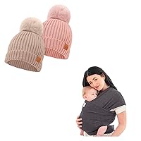 KeaBabies 2-Pack Baby Hats and KeaBabies Baby Wrap Carrier - Baby Beanie for Girls, Boys, All in 1 Original Breathable Baby Sling, Toddler Hats, Lightweight,Hands Free Baby Carrier Sling