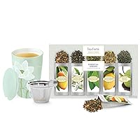 Tea Forte Single Steeps Starter Set – 15pk Loose Tea Essentials Green Tea Sampler + Kati Cup Lotus Cerfmic Infuser Mug 12oz