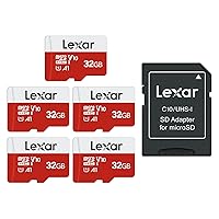 Lexar E-Series 32GB Micro SD Card 5 Pack, microSDHC UHS-I Flash Memory Card with Adapter, 100MB/s, C10, U1, A1, V10, Full HD, High Speed TF Card