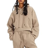Flygo Womens Fleece 2 Piece Outfits Sweatsuit Crop Pullover Sweatshirt Joggers Pants Tracksuit Set(Khaki-L)
