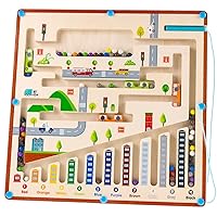 Magnetic Maze Wooden Board with Magnetic Pen and Ball for Children's Color Cognition and Preschool Math Counting for 3 4 5 6 Years Kids(City Traffic)