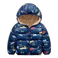 Toddler Boys and Girls Long Sleeved Hooded Dinosaur Print Padded Zip Jacket with Pockets Plush Toddler