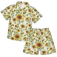 visesunny Toddler Boys 2 Piece Outfit Button Down Shirt and Short Sets Sunflower with Green Leaf Boy Summer Outfits