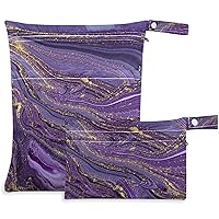 visesunny Purple Marble with Golden Veins 2Pcs Wet Bag with Zippered Pockets Washable Reusable Roomy for Travel,Beach,Pool,Daycare,Stroller,Diapers,Dirty Gym Clothes, Wet Swimsuits, Toiletries
