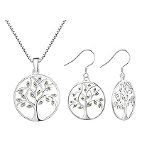 YL Tree of Life Pendant Necklace 925 Sterling Silver Created Peridot Dangle Earrings Round Family Giving Jewelry Set