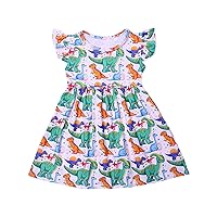 Little Girls Dresses Cartoon Dinosaur Printed Casual Dress Flutter Sleeve A-Line Clothes for Toddlers 1-8Y