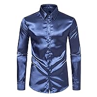 Men's Luxury Satin Dress Shirt Shiny Silk Long Sleeve Button Down Shirts Fancy Party Prom Shirt Slim Fit Casual Shirt