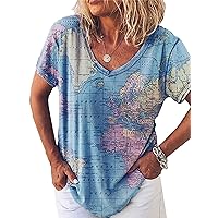 Summer Women's World Map V-Neck Short Sleeve T-Shirt Vintage Pattern Fashion 3D Print Oversized Loose Casual Top