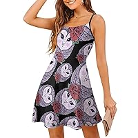 Owl Rose Spaghetti Strap Mini Dress Sleeveless Adjustable Beach Dresses Backless Sundress for Women