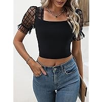 Women's Tops Shirts Sexy Tops for Women Contrast Plaid Mesh Puff Sleeve Crop Top Shirts for Women (Color : Black, Size : X-Large)