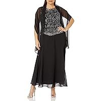 J Kara Women's Long Beaded V-Trim Detailed Gown with Scarf