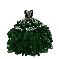 Sweetheart Satin Ruffles Asymmetrical Puffy Skirt Ball Gown Mexican Quinceanera Prom Dress Gold Embroidered 2024